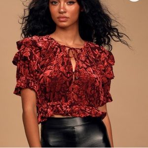 Free People Velveteen Dreams Ruffled Red Top Large